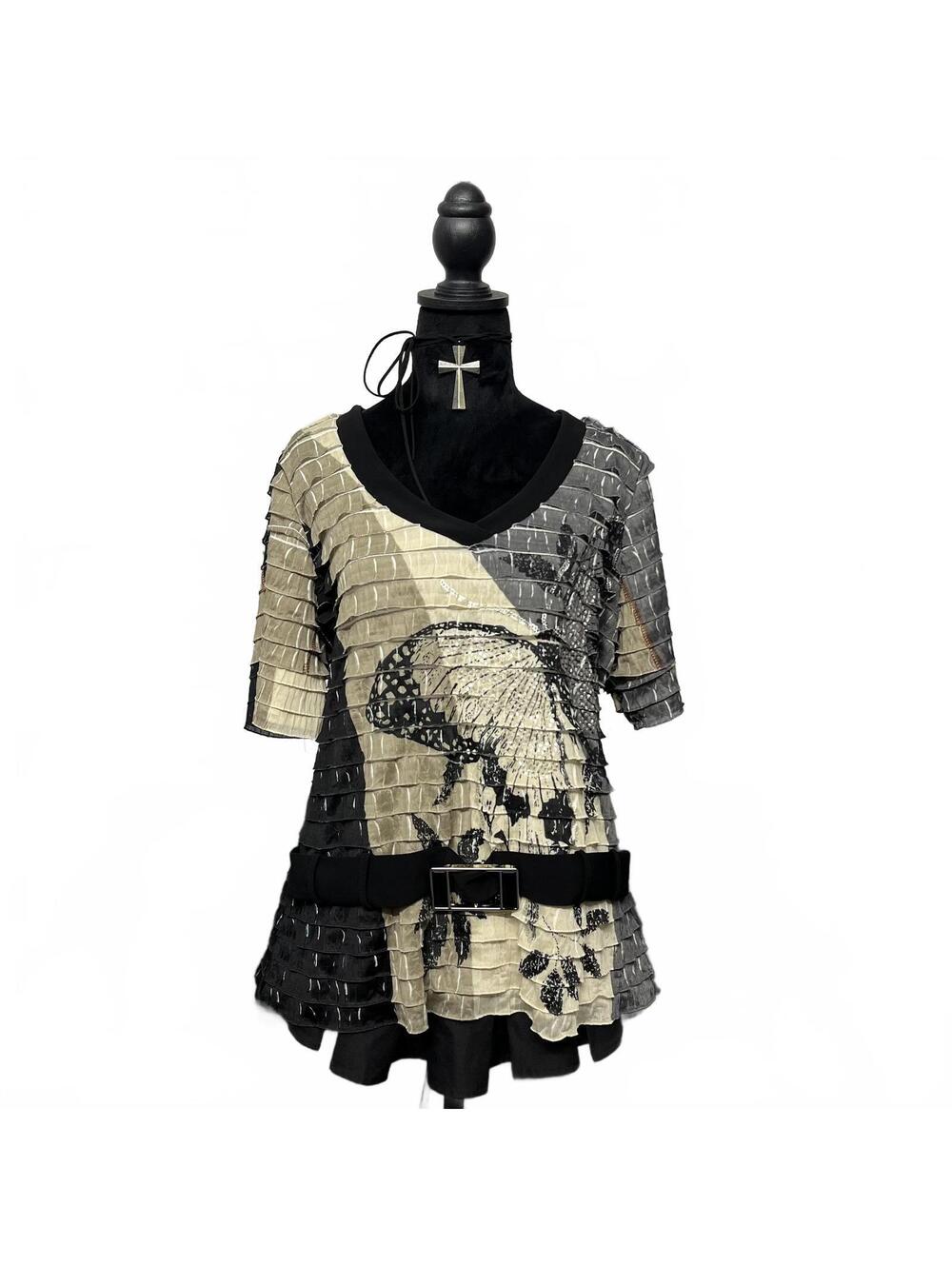 Vintage Frank Lyman Sz 16 Tan & Black Butterfly Print Textured Belted Top Whimsy